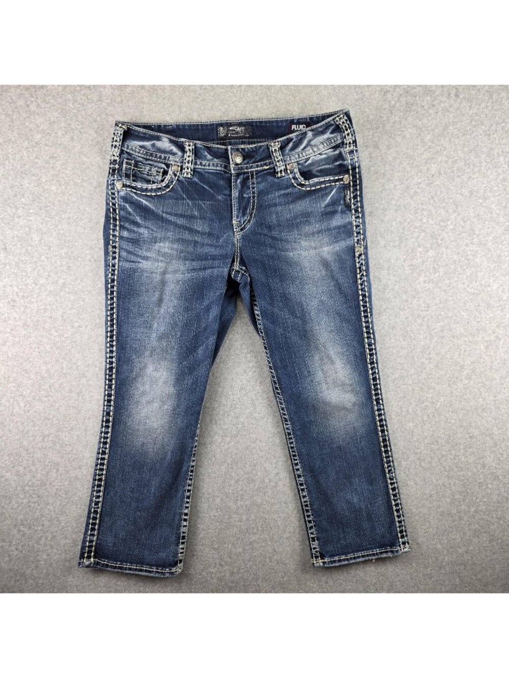 Silver Jeans Suki Mid Capri Womens 33 Blue Embroidered Slim Stretch Medium Wash